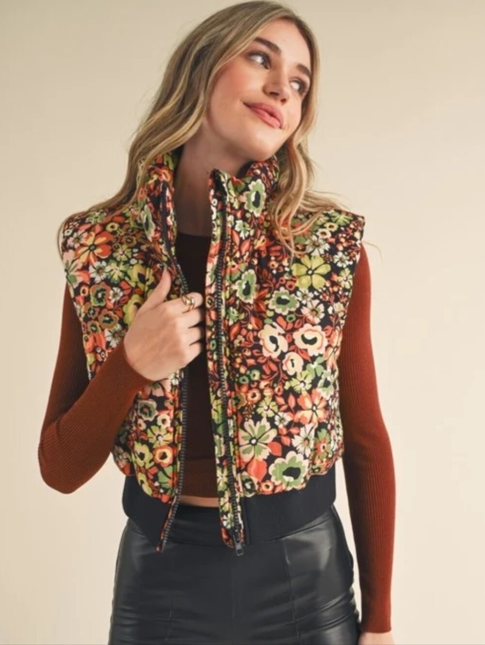 &MERCI Floral Bliss Zip Front Puffer Vest